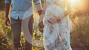 Pregnant couple taking a walk in nature and holding hands showing love