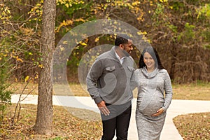 Pregnant Couple Walking And Holding Hands at the park