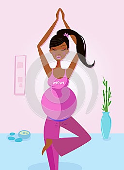 Pregnant dark skinned woman doing yoga, tree pose