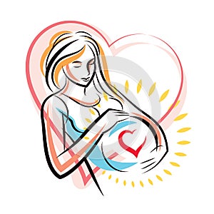 Pregnant elegant woman expects baby, hand-drawn vector illustration composed by heart shape frame. Love and fondle theme. Mothers