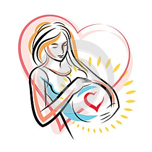 Pregnant elegant woman expects baby, hand-drawn vector illustration composed by heart shape frame. Love and fondle theme. Mothers photo