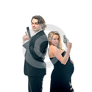 Pregnant fashion woman and husband in gangsta style