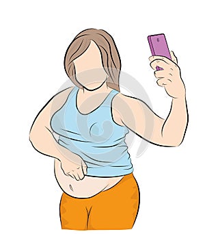 A pregnant or fat woman takes a selfie. vector illustration.