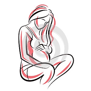 Pregnant female beautiful body outline, mother-to-be vector draw