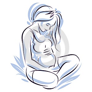 Pregnant female beautiful body outline, mother-to-be vector draw