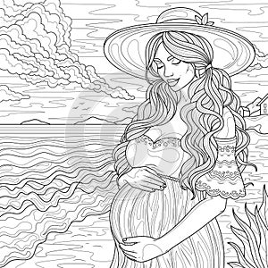 Pregnant girl on the beach. Coloring book antistress for adults.