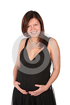 Pregnant girl embraces belly