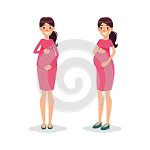 Pregnant happy flat women. Future mom cartoon character. Expectant mother posing