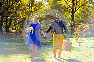 Pregnant happy and smiling couple on picnic with cat