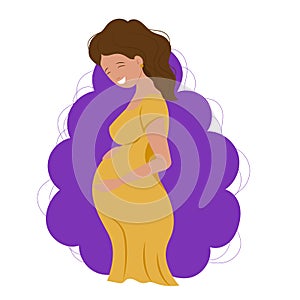 Pregnant happy woman with a baby in her belly, future mother laught, cartoon character, pretty lady with love to her motherhood. photo