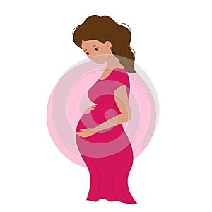 Pregnant happy woman with a baby in her belly, future mother laught, cartoon character, pretty lady with love to her motherhood. photo