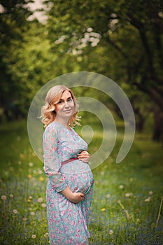 Pregnant happy Woman touching her belly. Pregnant middle aged mother portrait, caressing her belly and smiling close-up. Healthy P