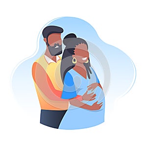 Pregnant happy young woman with husband, future parents. The concept of pregnancy and motherhood, care, health. Vector