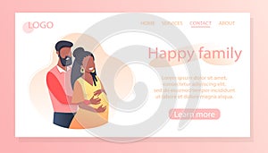 Pregnant happy young woman with husband, future parents. The concept of pregnancy and motherhood, care, health. Vector illustratio