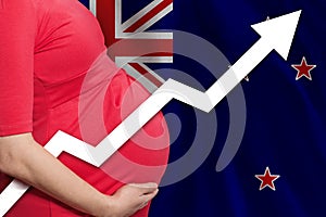 Pregnant lady close up on flag of New Zealand background. Birth rate up