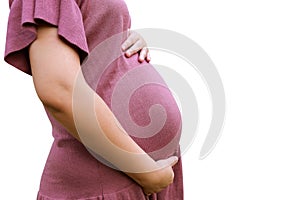 pregnant lady holding her baby isolated on white