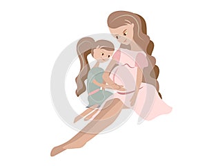 Pregnant mother and daugther spend time together. Dauther is happy to get newborn.Flat style photo