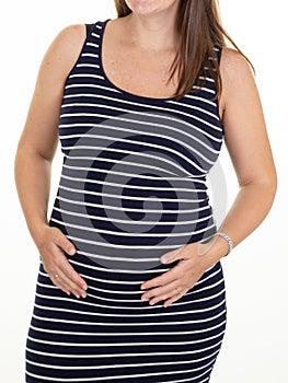 Pregnant mother young woman wearing black white shirt striped dress marine