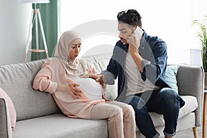 Pregnant Muslim Lady Having Prenatal Contractions At Home, Her Husband Calling Emergency