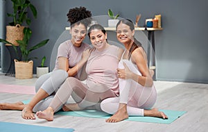 Pregnant, portrait or women in yoga class with a happy smile ready for exercise or fitness workout in studio. Pregnancy