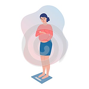 Pregnant on scales. Pregnancy weight gain. Woman standing on electronic scales. Expectant mother weighing. Flat vector