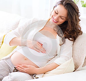 Pregnant smiling woman sitting on a sofa