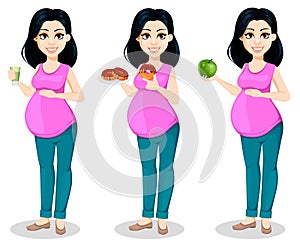 Pregnant woman. Beautiful lady prepares to be a mother, set of three poses.