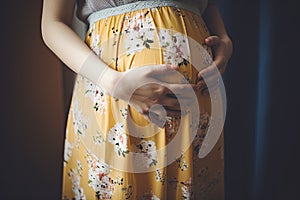 Pregnant woman belly . Pregnant woman holding hands around her belly . Pregnancy concept