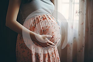 Pregnant woman belly . Pregnant woman holding hands around her belly . Pregnancy concept