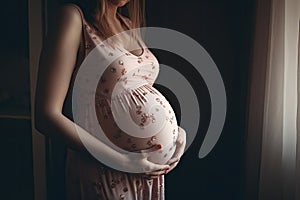 Pregnant woman belly . Pregnant woman holding hands around her belly . Pregnancy concept