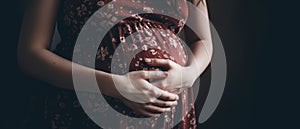 Pregnant woman belly . Pregnant woman holding hands around her belly . Pregnancy concept