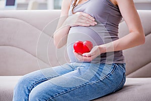 The pregnant woman with a belly tummy sitting on a sofa at home