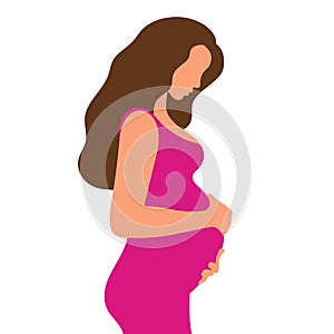 Pregnant woman with a big belly. Girl with long hair and in a dress. The joy of motherhood. Waiting for the birth of a child.