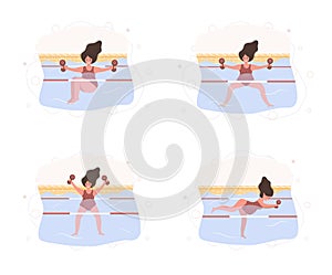 Pregnant woman in bikini in pool. Collection exercises of aqua fitness and aerobic with weights. Healthy lifestyle