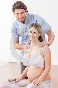 Pregnant woman in birthing class photo