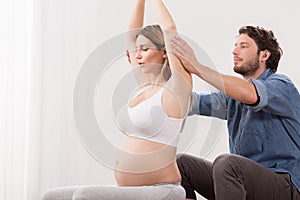 Pregnant woman in birthing school photo