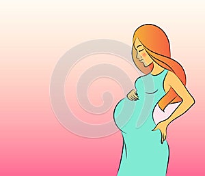 Pregnant woman in blue dress holding her buddy isolated