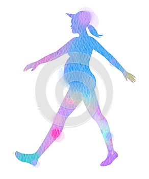 Pregnant woman brisk walking silhouette plus abstract watercolo