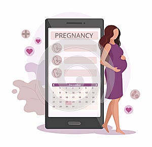 Pregnant woman and calendar. Notes the intake of vitamins. Doctors appointment pregnancy.