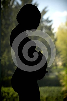 Pregnant woman caressing her belly photo
