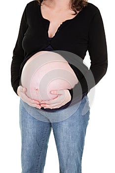 Pregnant woman casual belly standing isolated over white background in healthy pregnancy concept