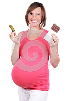 Pregnant woman with chocolate and pickles
