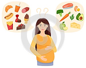 Pregnant woman choosing between healthy and unhealthy food. Fastfood vs balanced menu. Eating during pregnancy. Concept vector