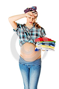 Pregnant woman cleaning.