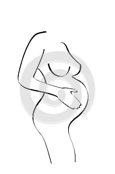 pregnant woman concept, vector outline illustration of pregnancy in flat line design. Black logo icon, thin linear sign