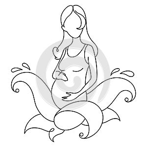 Pregnant Woman in continuous line drawing. Healthy pregnancy and birth baby symbol in simple linear style. Doodle