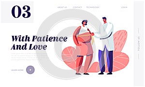Pregnant Woman at Doctor Appointment in Clinic Website Landing Page, Male Doctor Character Measuring Belly with Tape Line