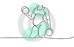 Pregnant woman doing exercises with dumbbells one line art with colorful elements. Continuous line drawing of pregnancy