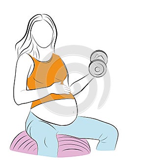 Pregnant woman doing exercises with dumbbells. sitting on a gymnastic ball. vector illustration.