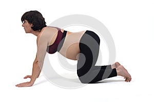 Pregnant woman doing exercises on white background,